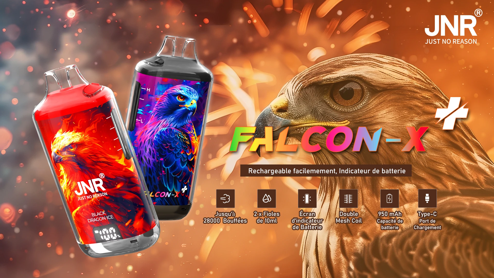 JNR Falcon-X Plus 28K vape rechargeable premium longue dur&eacute;e